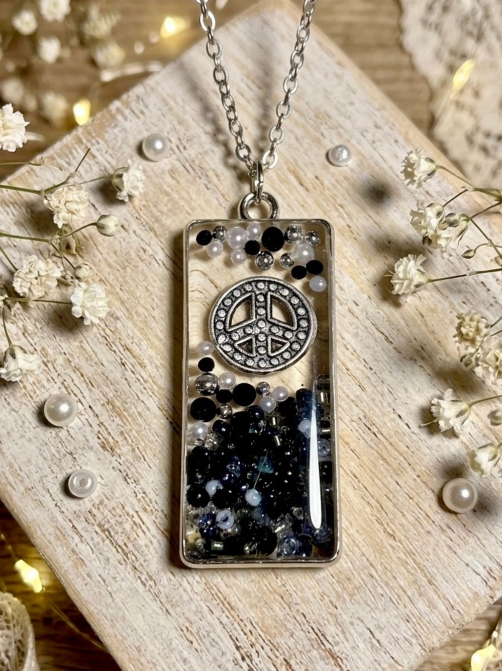 Peace Sign Resin Pendant - Black & White Minimalist Necklace